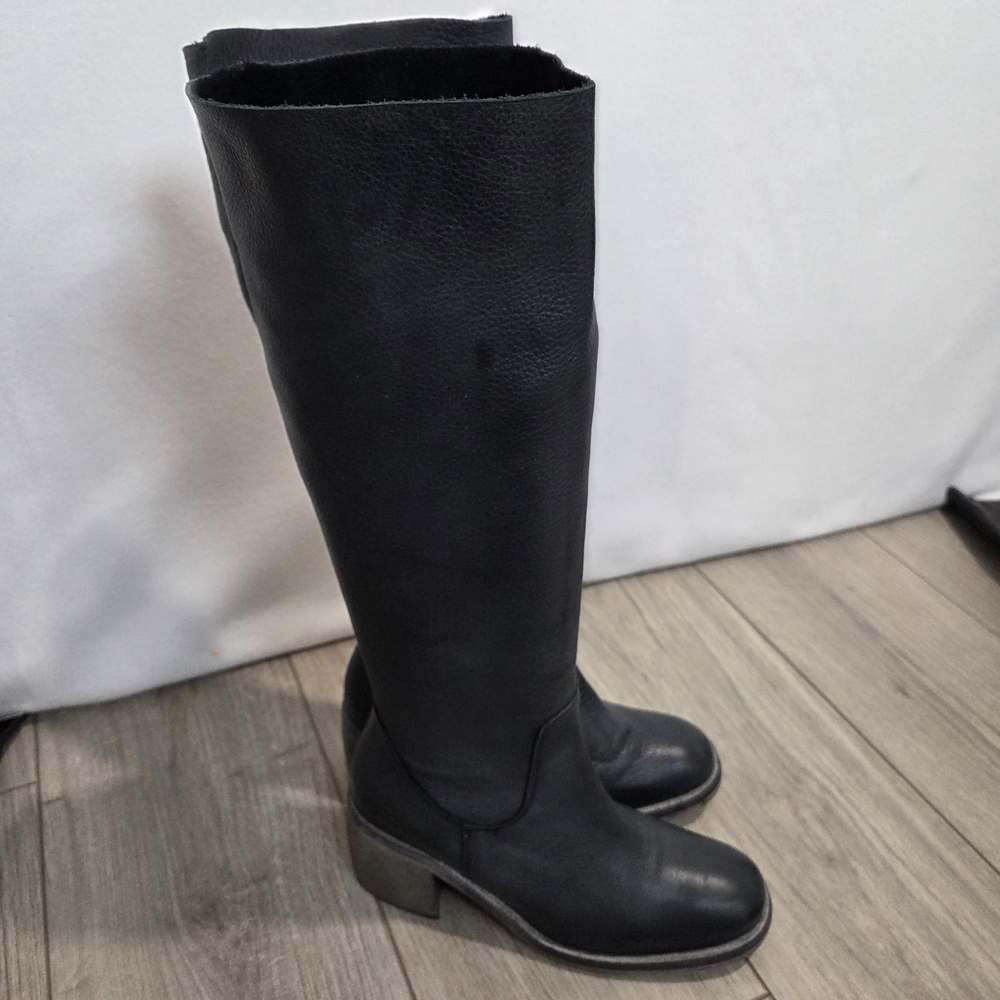 FREE PEOPLE Essential Boots 36 / 6 Washed Out Black Leather Tall Block Heel Boho - Picture 7 of 16